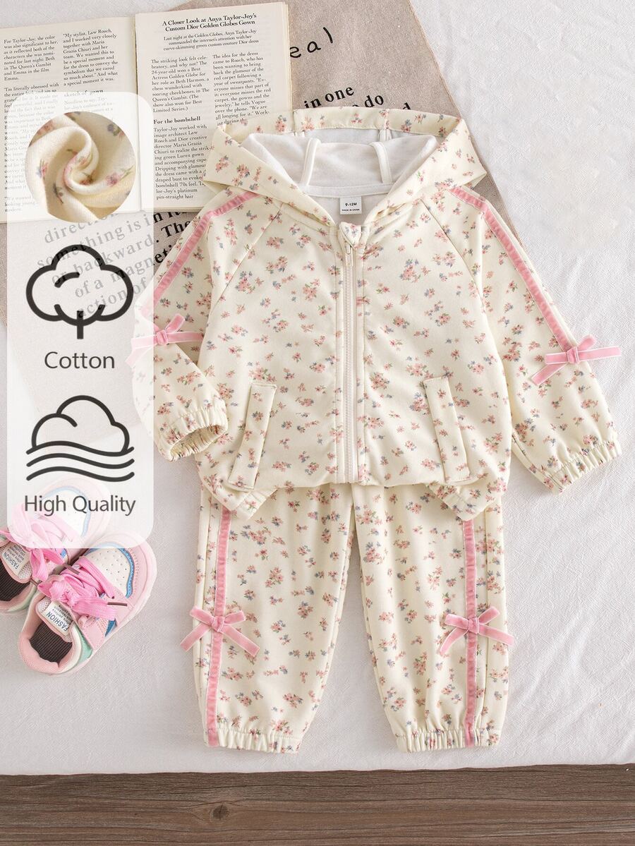 SHEIN 2件組 秋冬棉混紡女嬰外套褲子套裝,花卉連帽外套搭配同款長褲,側面蝴蝶結裝飾,時尚百搭休閒甜美戶外運動套裝 - 彩色 - 查看 1