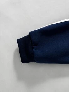 SHEIN 2件組 青少年女孩套裝 連帽長袖拉鍊夾克，腰部與袖口收緊短版連帽外套，彈性腰寬鬆寬腿休閒運動長褲，2件套，秋季 - 藏蓝色 - 查看 6