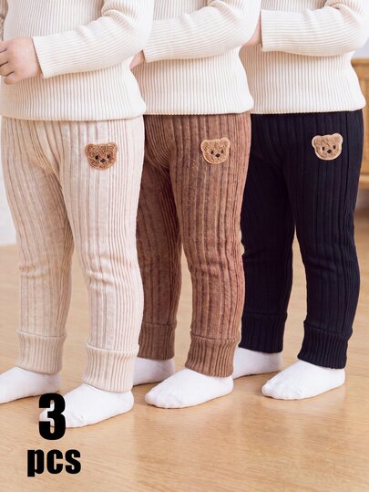 SHEIN Baby Boys 0-3Y Autumn/Winter 3pcs Bottoms Pants Ribbed Fabric Beige, Brown, Black Bear Patch School, Play, Shopping