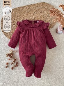 SHEIN Newborn Spring/Autumn Baby Girl Skin-Friendly Solid Color Cotton Footed Romper 0-9 Months Sweet Ruffle Collar Long Sleeve Snap Button Easy On/Off Crawl Suit - Burgundy - View 3