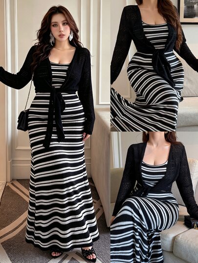 Vibekara Plus Size Elegant Vintage Cute Casual Home Holiday Striped Black & White Contrast Long Sleeve Black Faux Fur Knit Cardigan + Spaghetti Strap Fitted Waist A-Line Maxi Dress 2-Piece Set