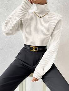 SHEIN Turtleneck Raglan Sleeve Ribbed Knit Sweater,Long Sleeve Tops Knit Pullover Fall Winter Sweater - White - View 7