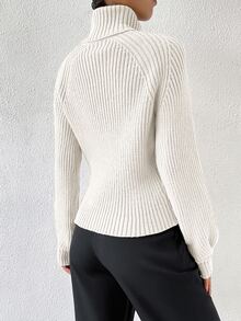 SHEIN Turtleneck Raglan Sleeve Ribbed Knit Sweater,Long Sleeve Tops Knit Pullover Fall Winter Sweater - White - View 2