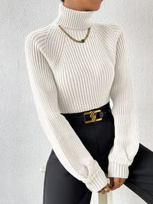 SHEIN Turtleneck Raglan Sleeve Ribbed Knit Sweater,Long Sleeve Tops Knit Pullover Fall Winter Sweater - White - View 4