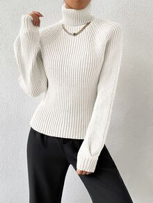SHEIN Turtleneck Raglan Sleeve Ribbed Knit Sweater,Long Sleeve Tops Knit Pullover Fall Winter Sweater - White - View 5