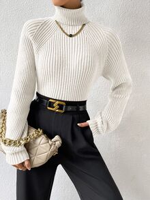 SHEIN Turtleneck Raglan Sleeve Ribbed Knit Sweater,Long Sleeve Tops Knit Pullover Fall Winter Sweater - White - View 6