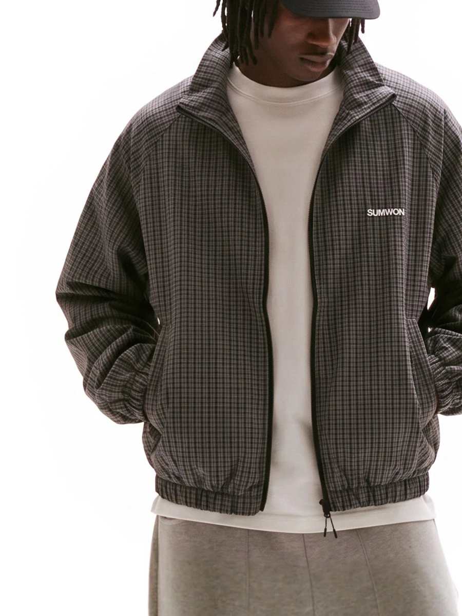 SUMWON Oversized Checked Windbreaker Jacket With Full Zip Mandarin Collar And Elasticated Hem For Fall Winter - Black - View 1