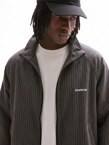 SUMWON Oversized Checked Windbreaker Jacket With Full Zip Mandarin Collar And Elasticated Hem For Fall Winter - Black - View 3