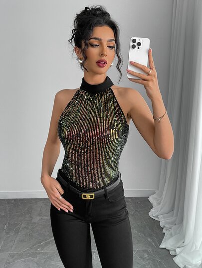 RosyDaze Women Tie Back Halter Neck Sequins Blouse,Black Summer 70s Club Party Sleeveless Stretch Tops For Wedding Guest Valentine's Day Concert