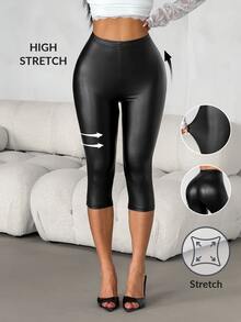 SHEIN PETITE 女款純色高腰休閒日常穿著緊身內搭褲 - 黑色 - 查看 1