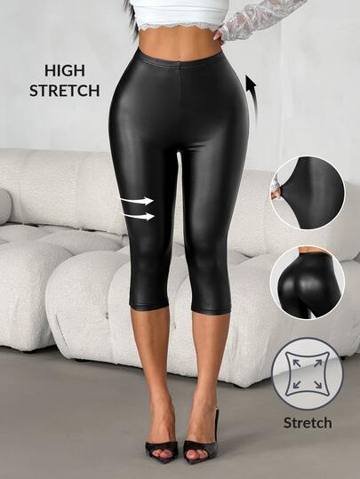 SHEIN PETITE سروال ضيق نسائي بلون موحد بخصر عالي للارتداء اليومي العادي