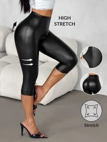 SHEIN PETITE 女款純色高腰休閒日常穿著緊身內搭褲 - 黑色 - 查看 7