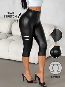 SHEIN PETITE 女款純色高腰休閒日常穿著緊身內搭褲 - 黑色 - 查看 6