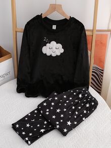 女孩睡衣，可愛秋冬黑色刷毛睡衣套裝，青少年長袖上衣與長褲，雲朵與微笑刺繡，星空居家休閒服，優雅 - 黑色 - 查看 7