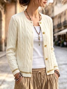SHEIN 女式秋季扭纹长袖单排扣休闲针织开衫 - 白色 - 查看 1