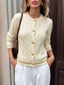 SHEIN 女式秋季扭纹长袖单排扣休闲针织开衫 - 白色 - 查看 3