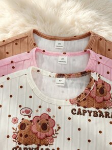 SHEIN 青少年女孩 T-Shirt 套裝，3 件組，短袖上衣 + 長褲，寬鬆版型，日常穿著，休閒美式風格，圓領，印花，冬季，棕色 - 粉色 - 查看 5