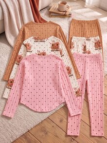 SHEIN 青少年女孩 T-Shirt 套裝，3 件組，短袖上衣 + 長褲，寬鬆版型，日常穿著，休閒美式風格，圓領，印花，冬季，棕色 - 粉色 - 查看 2