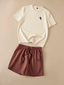 FROVYX Men's Fitted Apricot Knit Top And Brown Woven Shorts Set - Brown - View 3