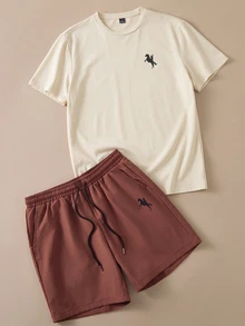 FROVYX Men's Fitted Apricot Knit Top And Brown Woven Shorts Set - Brown - View 1