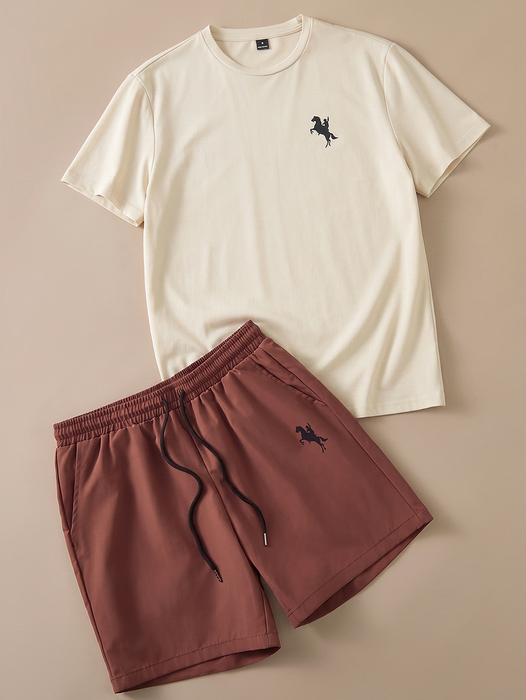 FROVYX Men's Fitted Apricot Knit Top And Brown Woven Shorts Set - Brown - View 1