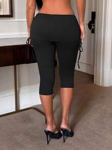 SHEIN SXY Women's New Black Drawstring Ruched Waist 3/4 Length Pants - Black - View 2