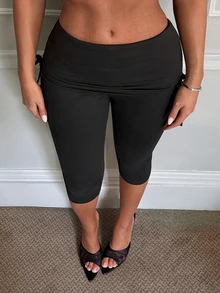 SHEIN SXY Women's New Black Drawstring Ruched Waist 3/4 Length Pants - Black - View 3