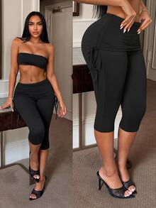 SHEIN SXY Women's New Black Drawstring Ruched Waist 3/4 Length Pants - Black - View 1