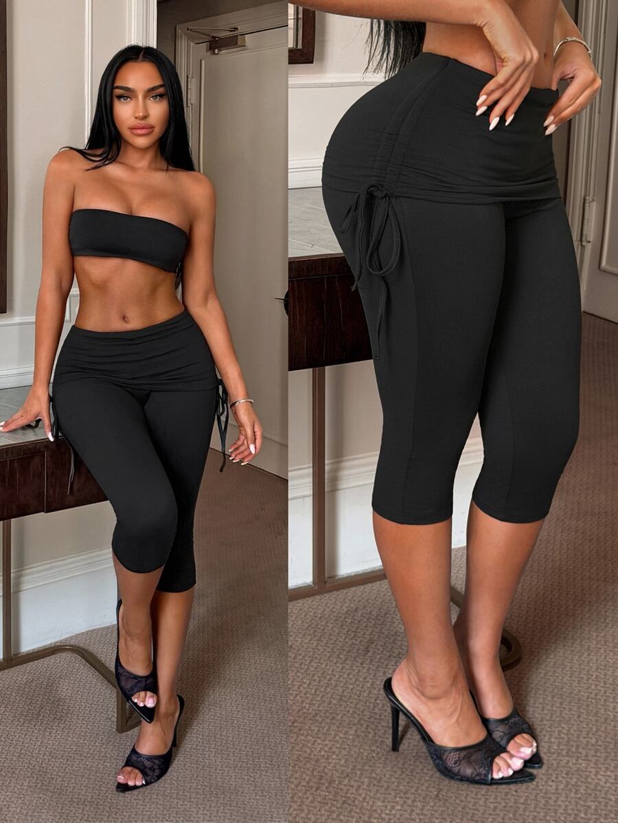 SHEIN SXY Women's New Black Drawstring Ruched Waist 3/4 Length Pants - Black - View 1