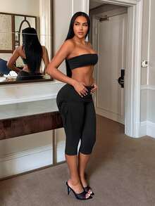 SHEIN SXY Women's New Black Drawstring Ruched Waist 3/4 Length Pants - Black - View 5