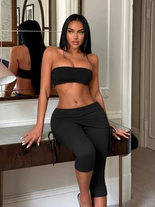 SHEIN SXY Women's New Black Drawstring Ruched Waist 3/4 Length Pants - Black - View 8