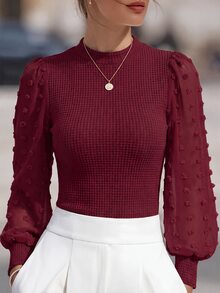SHEIN Women's Waffle Knit Funnel Neck Lantern Sleeve Fitted Top - Burgundy - View 1