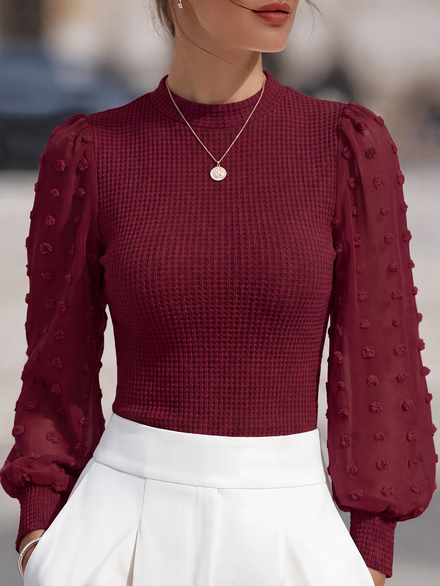 SHEIN Women's Waffle Knit Funnel Neck Lantern Sleeve Fitted Top - Burgundy - View 1