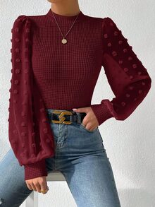 SHEIN Women's Waffle Knit Funnel Neck Lantern Sleeve Fitted Top - Burgundy - View 4