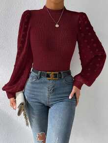 SHEIN Women's Waffle Knit Funnel Neck Lantern Sleeve Fitted Top - Burgundy - View 3
