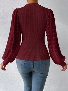 SHEIN Women's Waffle Knit Funnel Neck Lantern Sleeve Fitted Top - Burgundy - View 2