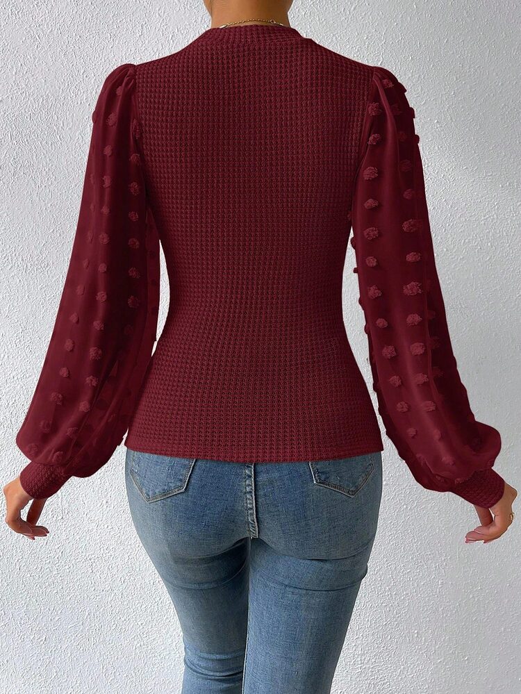SHEIN Women's Waffle Knit Funnel Neck Lantern Sleeve Fitted Top - Burgundy - View 2