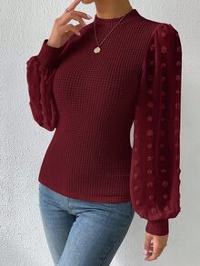 SHEIN Women's Waffle Knit Funnel Neck Lantern Sleeve Fitted Top - Burgundy - View 7