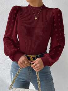 SHEIN Women's Waffle Knit Funnel Neck Lantern Sleeve Fitted Top - Burgundy - View 5