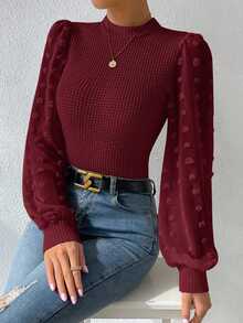 SHEIN Women's Waffle Knit Funnel Neck Lantern Sleeve Fitted Top - Burgundy - View 6