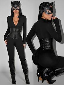 SHEIN PETITE Women's Black Halloween Long Sleeve Zipper Front Fitted Jumpsuit - Black - View 1