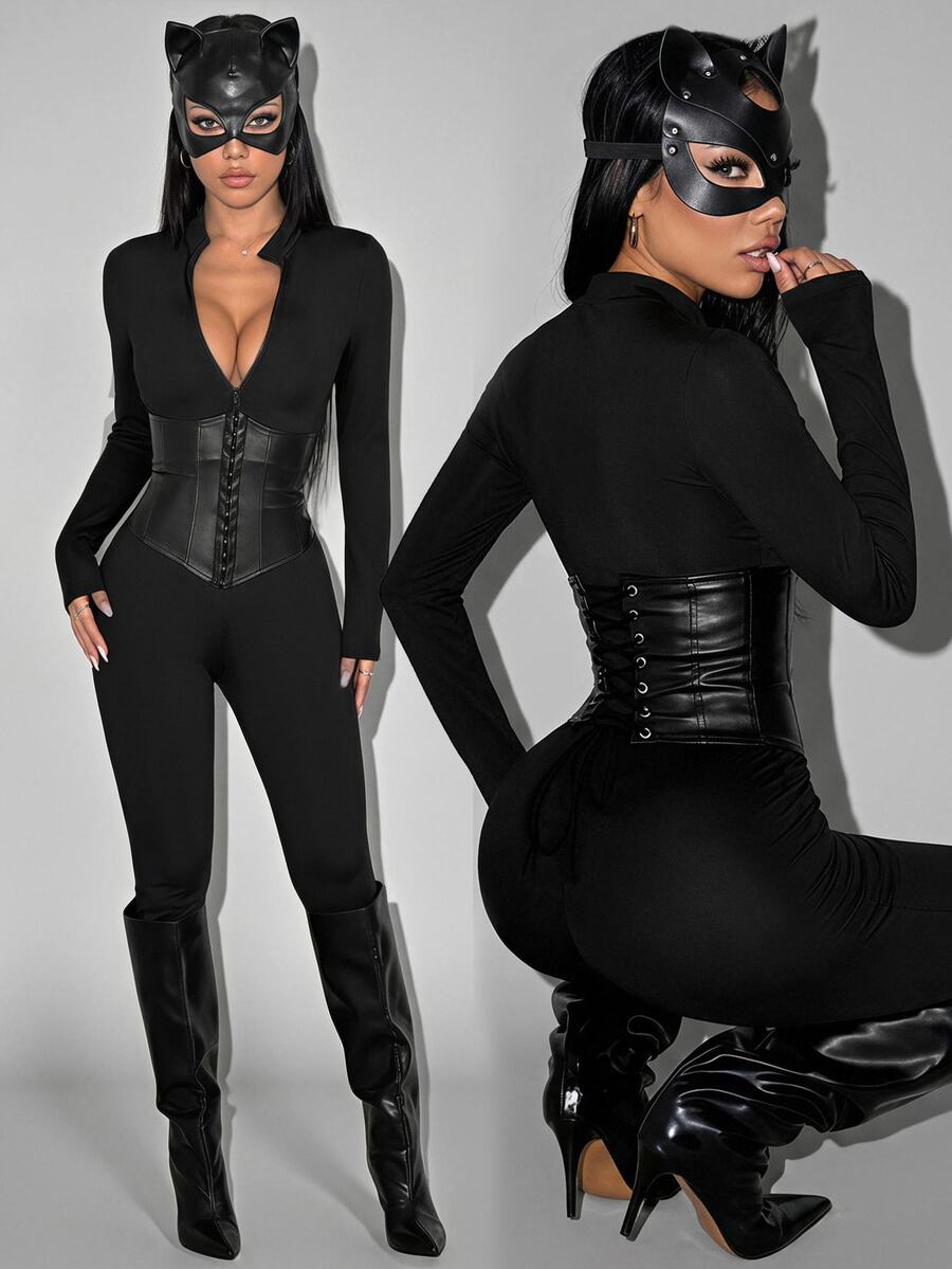 SHEIN PETITE Women's Black Halloween Long Sleeve Zipper Front Fitted Jumpsuit - Black - View 1