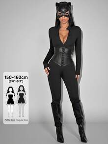 SHEIN PETITE Women's Black Halloween Long Sleeve Zipper Front Fitted Jumpsuit - Black - View 9