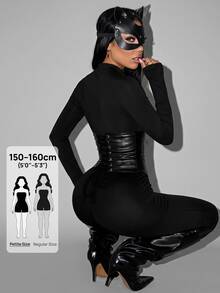 SHEIN PETITE Women's Black Halloween Long Sleeve Zipper Front Fitted Jumpsuit - Black - View 10