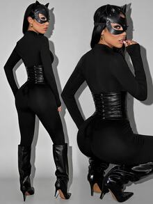 SHEIN PETITE Women's Black Halloween Long Sleeve Zipper Front Fitted Jumpsuit - Black - View 5