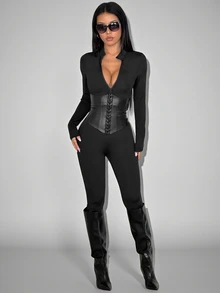 SHEIN PETITE Women's Black Halloween Long Sleeve Zipper Front Fitted Jumpsuit - Black - View 7