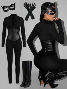 SHEIN PETITE Women's Black Halloween Long Sleeve Zipper Front Fitted Jumpsuit - Black - View 3