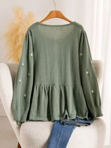 CosyJoli Plus Size Women Floral Embroidered Front Tie Long Sleeve Knit Cardigan Winter - Green - View 3