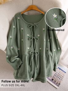 CosyJoli Plus Size Women Floral Embroidered Front Tie Long Sleeve Knit Cardigan Winter - Green - View 4