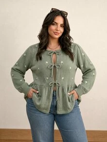 CosyJoli Plus Size Women Floral Embroidered Front Tie Long Sleeve Knit Cardigan Winter - Green - View 8